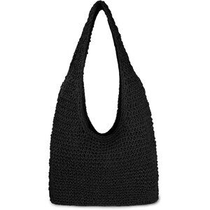 Women's Black Large Straw Beach Bag Handmade Woven Shoulder Hobo Tote Handbag